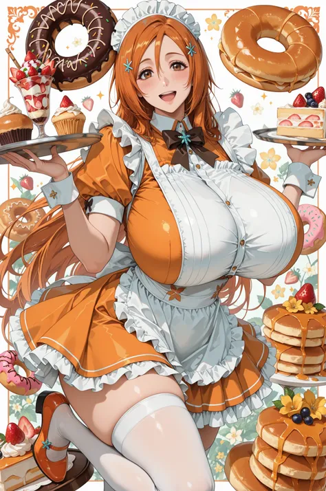 masterpiece, best quality, 1girl, solo, tray, long hair, huge breasts, frills, hair between eyes, standing, fruit, frilled apron, white apron, blush, inoue orihime, holding tray, looking at viewer, food, frilled dress, white thighhighs, wrist cuffs, donut,...