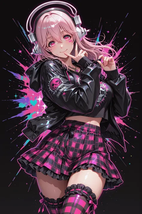 1girl, super sonico, beautiful eyes, cowboy shot, smile, full body, black background, colorful hearts, vibrant, pink glowing outline, neon, abstract background, looking at viewer, ribbon-trimmed thighhighs, gingham skirt, hooded jacket, black top, dynamic ...