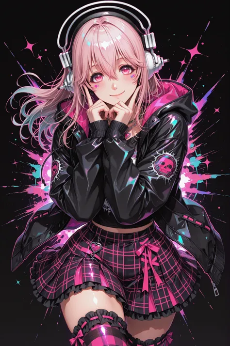 1girl, super sonico, beautiful eyes, cowboy shot, smile, full body, black background, colorful hearts, vibrant, pink glowing outline, neon, abstract background, looking at viewer, ribbon-trimmed thighhighs, gingham skirt, hooded jacket, black top, dynamic ...