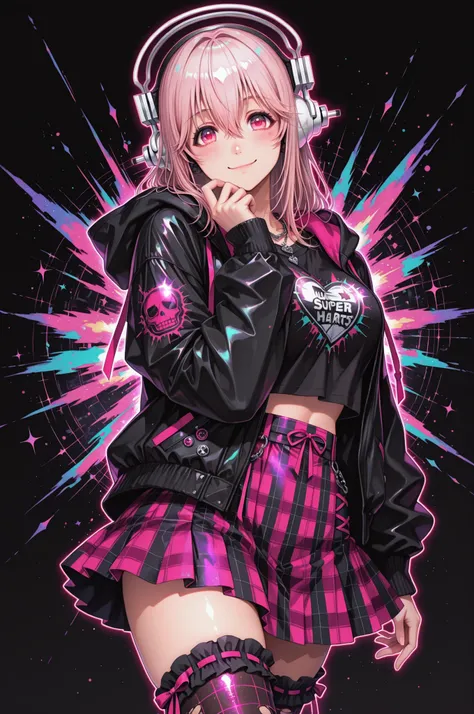 1girl, super sonico, beautiful eyes, cowboy shot, smile, full body, black background, colorful hearts, vibrant, pink glowing outline, neon, abstract background, looking at viewer, ribbon-trimmed thighhighs, gingham skirt, hooded jacket, black top, dynamic ...