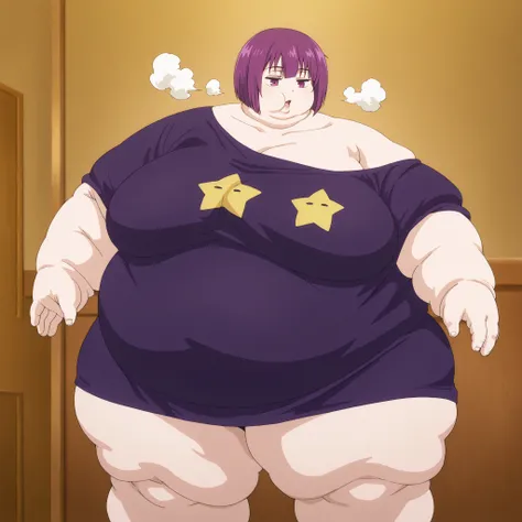 Shion, 1girl, short hair, t-shirt, purple hair, off shoulder, star (symbol), collarbone, short sleeves, purple eyes, bangs, purple shirt, cowboy shot,breasts, fat, chubby, obese, fat neck, multiple chins, big breasts open mouth, out of breath, Larger femal...