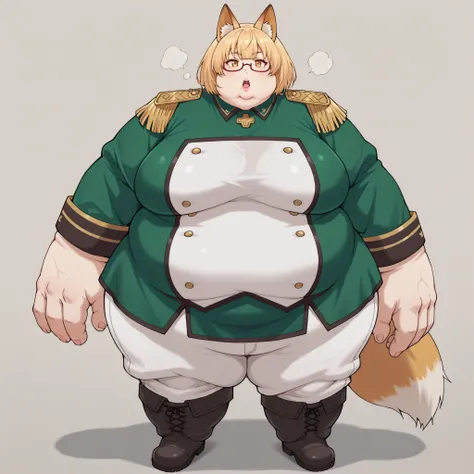 kaedefoxia, 1girl, solo, kitsune, glasses, animal ears, epaulettes, blonde hair, short hair, under-rim eyewear, fox ears, double-breasted tunic, knee boots, uniform, military uniform, white pants, fat, chubby, obese, fat neck, multiple chins, big breasts o...