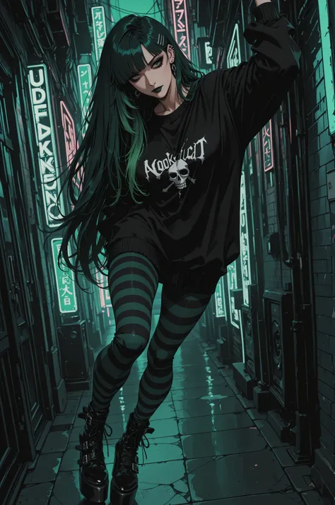 masterpiece, best quality, add detail, sharp focus, high contrast, deep focus, dynamic composition, dynamic angle, retro, anime, flat color, vector art,
BREAK
1girl, adult woman, emo wearing a multi-toned oversized sweater with gothic accents, striped leg...