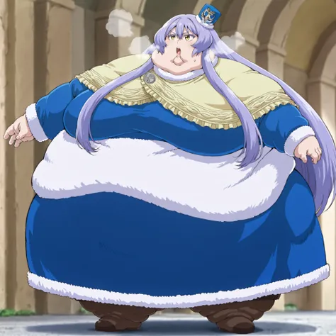 teltina-default,yellow eyes,purple hair,very long hair,sidelocks,yellow capelet,blue dress,long sleeves,fur-trimmed,tilted headwear,brown boots, fat, chubby, obese, fat neck, multiple chins, big breasts open mouth, out of breath, Larger female, full body s...