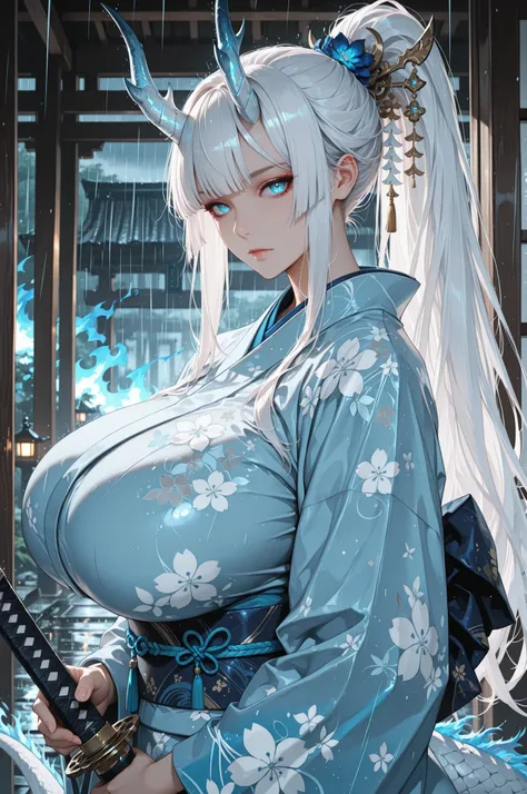 masterpiece,best quality,1girl,solo,absurdres,
1girl,weapon,sword,blue eyes,solo,horns,japanese clothes,kimono,tail,katana,ponytail,white hair,looking at viewer,rain,bangs,hair ornament,glowing,sash,dragon girl,long sleeves,floral print,dragon tail,closed ...