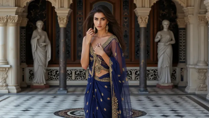 masterpiece, best quality, amazing quality, ultra details, anatomically correct, Indian Yong Girl, beautiful girl, full body, slim body, very long legs, beautiful skin, beautiful eyes, beautiful face, Brown hair, straight hair, Blue eyes, fancy footwear, B...