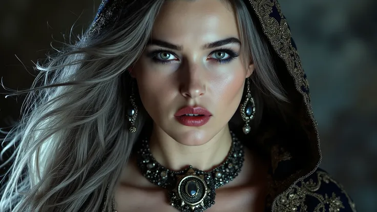A highly detailed, close-up portrait of a mysterious woman with long, flowing silver hair and piercing blue eyes. She wears a hooded, ornate cloak with intricate embroidery, framing her face dramatically. Her makeup is bold, with dark, defined brows, smoky...