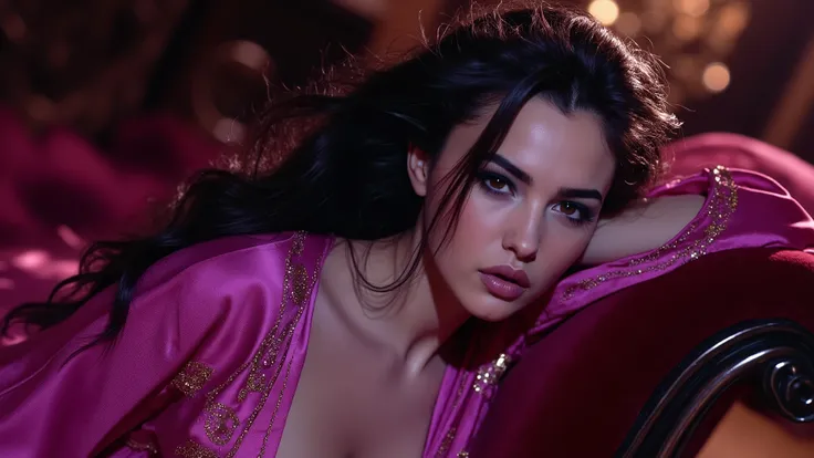 Half-body portrait of a Magenta-clad Shadow Sorceress – A enigmatic Shadow Elf draped in a dazzling magenta bikini robe adorned with delicate golden sigils, reclining on a velvet chaise in a dimly lit chamber, luminous eyes piercing through the shadows, in...