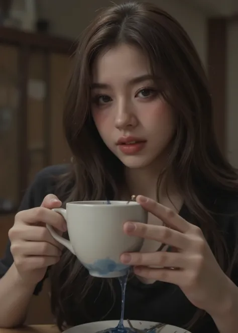 for adults,Scrivenism,((live action movie scene)),very detailed,The witch girl is trying to make Dorothy drink the poison in the cup、cup trying to get rid of with her hands,There is blue-black sticky poison in the、Warbling Dorothy、