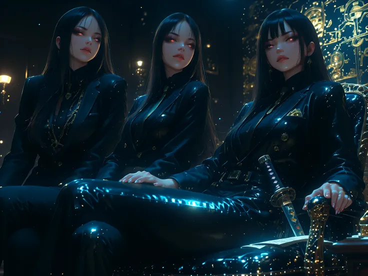 Anime-style female gangster boss, confident and dominant expression, wearing a sleek black suit with gold details, sitting in a leather chair in a dark, luxurious office; dim lighting, symbols of power like a katana on the wall and stacks of cash on the de...