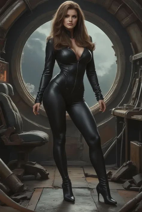 In an abandoned, ruined spaceship drifting in space A sexy, provocative, sensual woman Tall, athletic build, long, straight brown hair, closed eyes, high arched eyebrows, large breasts, slim waist, broad shoulders, shapely calves. Black leather suit. The d...