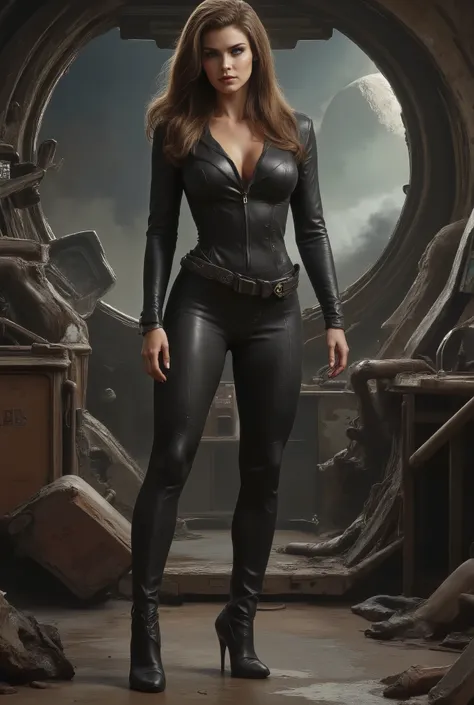 In an abandoned, ruined spaceship drifting in space A sexy, provocative, sensual woman Tall, athletic build, long, straight brown hair, closed eyes, high arched eyebrows, large breasts, slim waist, broad shoulders, shapely calves. Black leather suit. The d...