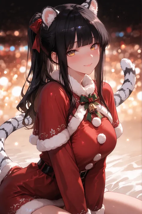 (masterpiece, highest quality), (very beautiful), soft lighting,

1 girl, black hair, long hair, ponytail hair, blunt bangs, sidelocks, gold eyes, cat-like features, white tiger ears and tail, confident smile, gentle atmosphere,

Santa dress, x-mas, christ...