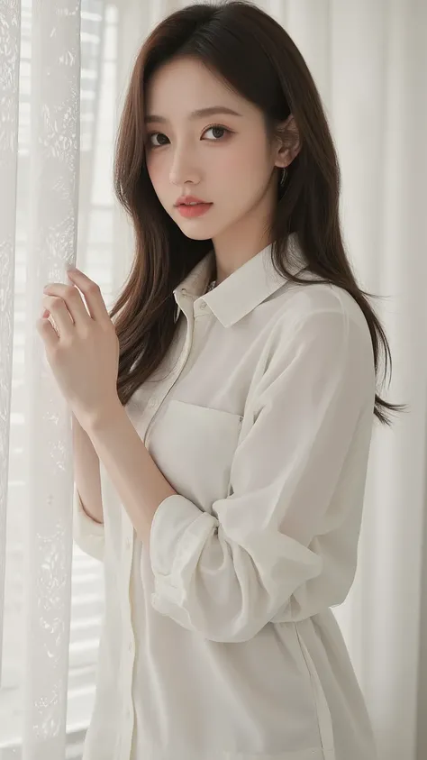 detailed eyes, close-up A woman of slim build standing next to a thin set of clothes , long loose hair back , Lace blinds. She wore a matching white shirt, which accentuates her curves. soft and natural lighting, emerges from the window, creates a cozy and...