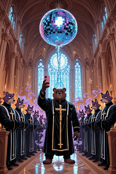 highres, 8k wallpaper, best quality, comedy exorcism ritual, group of diverse furry animals in religious attire, fox priest leading ceremony, possessed bear furry spinning head completely around but looking bored, holy water squirt guns, incense smoke form...