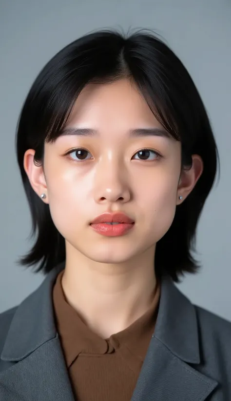 Passport photo of a neat young woman、facing directly、camera list、office lady suit、jacket、shirt、、、ear piercings、前髪あり、、、無表情、、、has closed its mouth、face close-up、grey background
