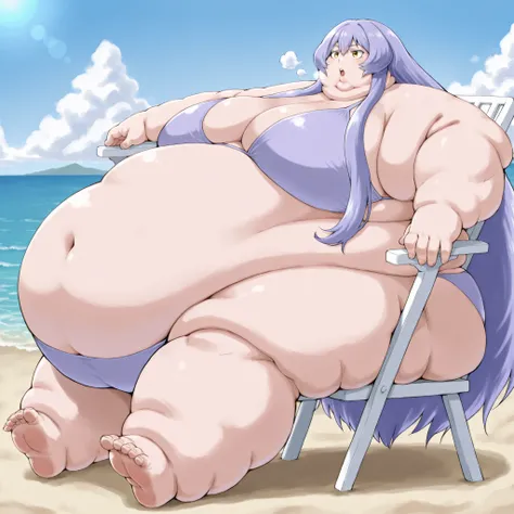 teltina-default,yellow eyes,purple hair,very long hair,sidelocks, bikini, beach, fat, chubby, obese, fat neck, multiple chins, big breasts open mouth, out of breath, Larger female, full body shot, only head, large head, oversized limbs, large hands, large ...