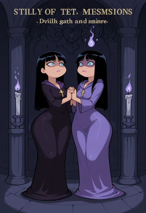 Trixie Tang, tall, slender, small breasts, huge hips, long straight black hair, blue eyes, lavender makeup, Arrows on the eyes, pink lips.| Exorcist in dramatic scene, male and female figures in long non‑transparent robes (ecclesiastical/mystical attire),...