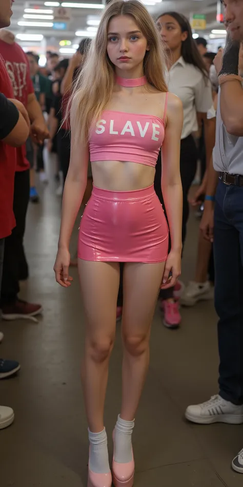 cinematic picture of 1girl, Young, posing, full body shot, adorable, cute, seductive, thin, slim legs, short, skinny small, (cute face), Long hair, freckles, pale skin, bright blue eyes, ((small waist)), cute, feminine, (wide choker collar), submissive, po...