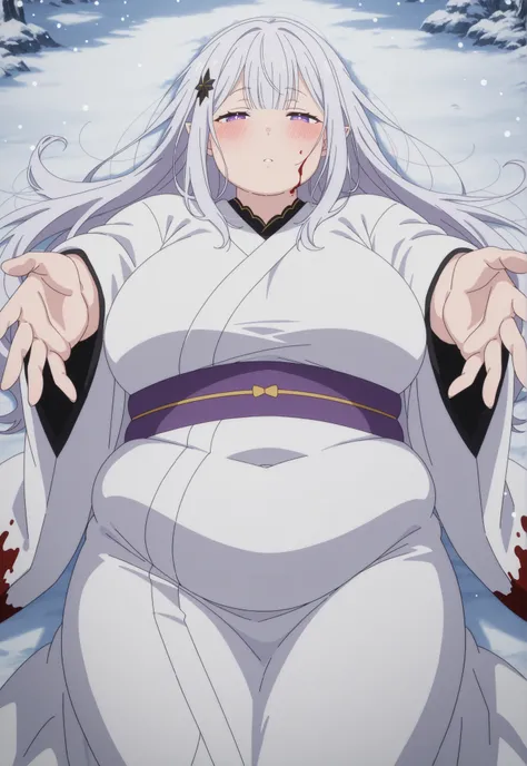 fat,chubby,plump,WeightChubby,newest , masterpiece , anime screencap , anime coloring , adult ReZero, Solo, long dress, Satella, Anime, 1girl, Mature Female, pointy ears, hair ornament, blush, silver hair, long hair, big breasts, view detailed body, Curvy,...