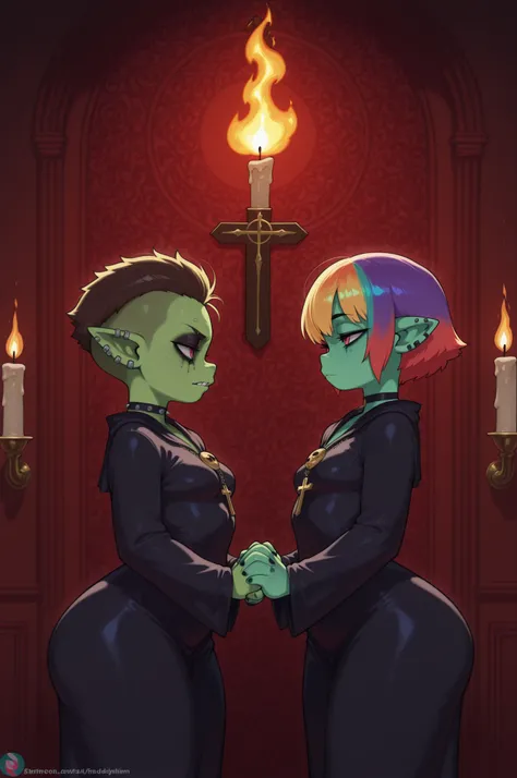 female punk, rainbow colors hair, black eye , facial piercings, eye makeup, small breasts, meduim hips, (goblin femboy:1.0) (shortstack:1.0) (green skin:1.0) (pointy ears:1.0) (wide hips:1.0) boy. crossdressing, femboy. medium hips, very short hair. Bouffa...