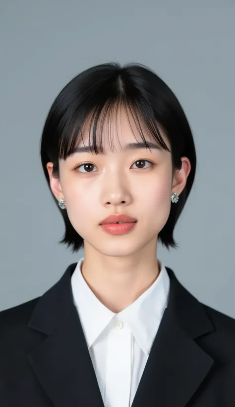 Passport photo of a neat young woman、facing directly、camera list、office lady suit、jacket、shirt、、、ear piercings、前髪あり、、、無表情、、、has closed its mouth、face close-up、grey background
