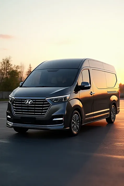 “Luxury Hyundai-Staria inspired van, front-left 45° angle, long extended body, tinted windows, chrome grill, premium alloy wheels, ultra-realistic render, outdoor parking, soft sunrise lighting, high detail.”