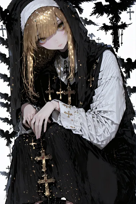 darkness falls girl, ((solo)), (masterpiece, detailed:1.2), cute, beautiful gold-hair, Straight short hair, trimed bangs, beautiful eyes, jeweled eyes, looking viewer, sloping shoulders, (kneeing), ((short cloak)), short cloak covered upper body, black nun...