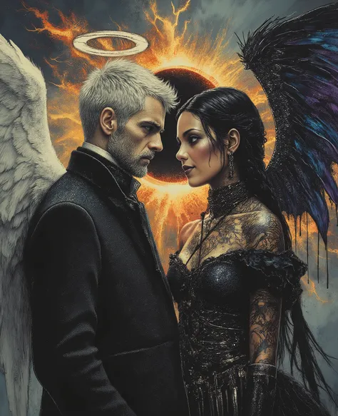 color contrast, hyperrealistic poses, cinematographic photography , detailed, best quality , High resolution , intricate details, vivid colors , detailed Style Photography Hyperrealism oil painting portrait of a creepy yet beautiful mystical couple , ((( b...