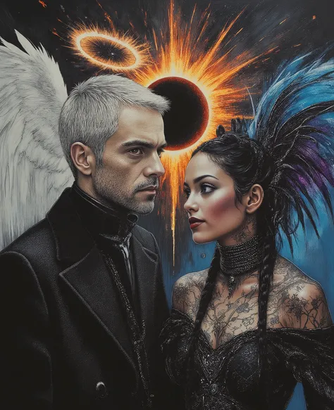 color contrast, hyperrealistic poses, cinematographic photography , detailed, best quality , High resolution , intricate details, vivid colors , detailed Style Photography Hyperrealism oil painting portrait of a creepy yet beautiful mystical couple , ((( b...