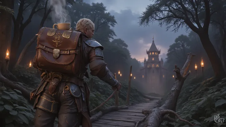 Fantasy coffee courier traversing a dangerous enchanted forest at twilight, mystical leather satchel with arcane locks containing a perfectly preserved cup of coffee emitting wisps of aromatic steam, courier wearing half-plate armor adorned with guild insi...