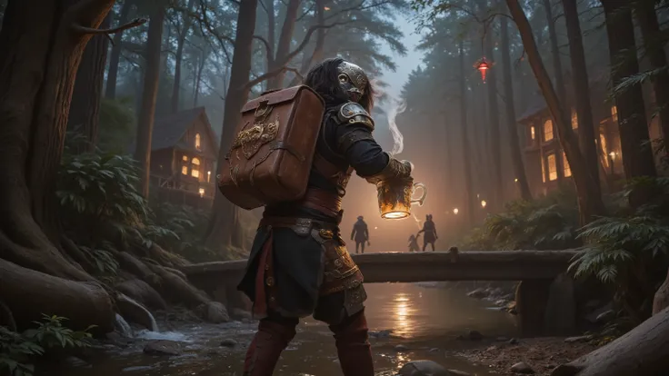 Fantasy coffee courier traversing a dangerous enchanted forest at twilight, mystical leather satchel with arcane locks containing a perfectly preserved cup of coffee emitting wisps of aromatic steam, courier wearing half-plate armor adorned with guild insi...