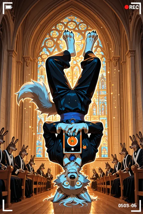 photography, ultra-detailed, finely detail, comedic scene, wolf furry exorcist in traditional religious garb, holding prayer book upside down, confused expression, facing a demonic bunny furry who is just eating carrots and looking unimpressed, holy symbol...