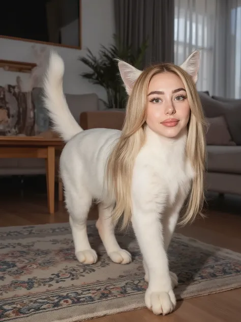 (masterpiece, High Quality, high resolution hairstyle, hyperrealistic photograph), Majestic female anthropomorphic cat, hybrid creature standing on the ground on its four legs, humanized feline anatomy in an elegant posture, beautiful female face delicate ...