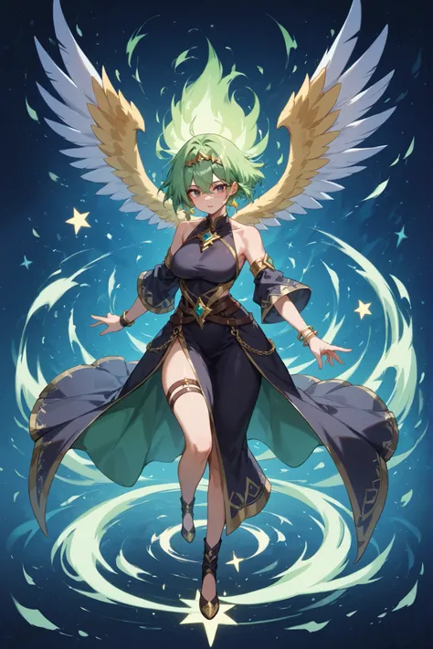 Bird's-eye view、full body, in detail、top quality、Girl with short green hair、perfect the shape of a girl's hand、Five fingers、The girl is 25 years old 、dark eyes、Black Mage、Black Robe、sleeveless、black bracelet、Gold Ornament、tiwst torso、A lot of stars are...