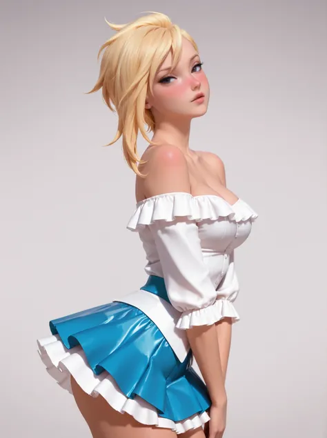 masterpiece, High Quality, ultra detailed, beautiful detailed face, anime, ultra high resolution, 8K, Alone, , slender, medium breasts, idol costume, off-the-shoulder blouse, Miniskirt, highly detailed skin Blush, seductive eyes, spectator watching, Standi...