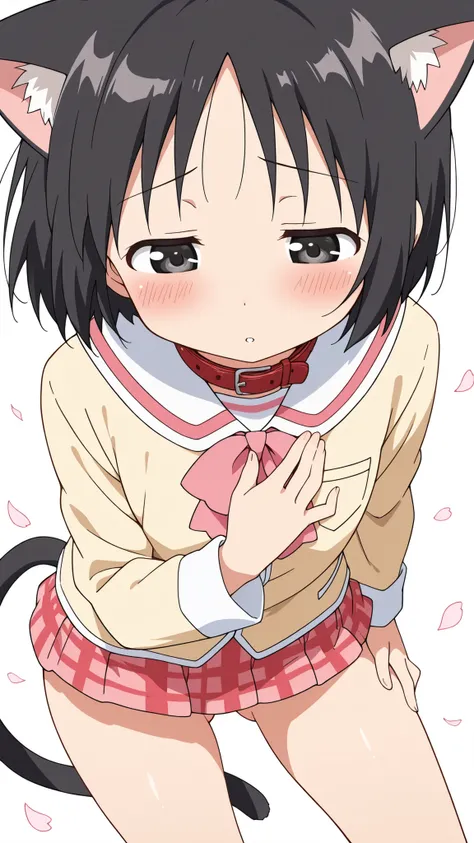 ((from above)),((fidgeting)),((face focus)),nsfw,((anime syale)),score_9, score_8_up, score_7_up, source_anime,shinonome nano,yasuna oribe,short hair, (black eyes),half-closed eyes,(black hair),black Cat ears,black Cat tail,((red leather collar)),(white ba...