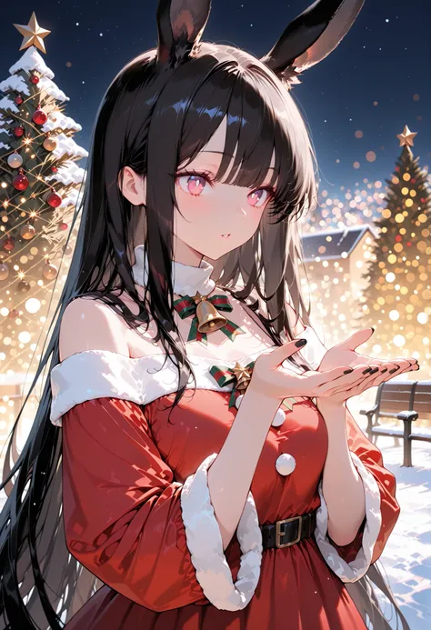 masterpiece, high quality, ultra detailed, high resolution, absurdres, bokeh, soft warm lighting, good hands, detailed eys, 1 girl, very long hair, black hair, black rabbits ears, pink eyes, white pupils, flawless skin, lovely santa dress with sleeves, bla...