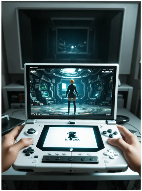 masterpiece, High Quality, ultra detailed, beautiful detailed face, anime, ultra high resolution, 8K,2d,((Inside a video game)),border of the image of a console,Futuristic video game,futuristic console,video game character,