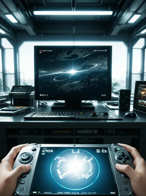 masterpiece, High Quality, ultra detailed, beautiful detailed face, anime, ultra high resolution, 8K,2d,((Inside a video game)),border of the image of a console,Futuristic video game,futuristic console,video game character,