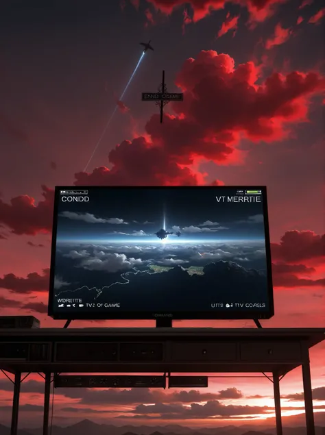masterpiece, High Quality, ultra detailed, beautiful detailed face, anime, ultra high resolution, 8K,2d,((Inside a video game)), Command ,TV,sign,meteorite,end of the world,red sky,Clouds are circles