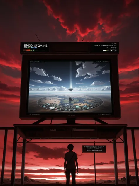 masterpiece, High Quality, ultra detailed, beautiful detailed face, anime, ultra high resolution, 8K,2d,((Inside a video game)), Command ,TV,sign,meteorite,end of the world,red sky,Clouds are circles