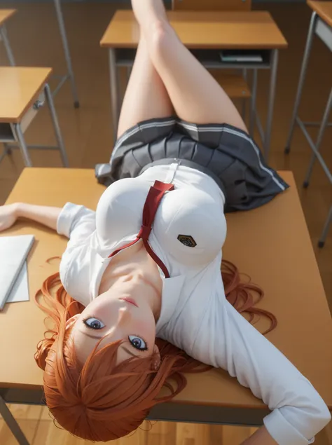masterpiece, High Quality, ultra detailed, beautiful detailed face, anime, ultra high resolution, 8K,2d en 3d,Student lying on the desk,Very large breasts,natural breasts,Breasts falling upwards