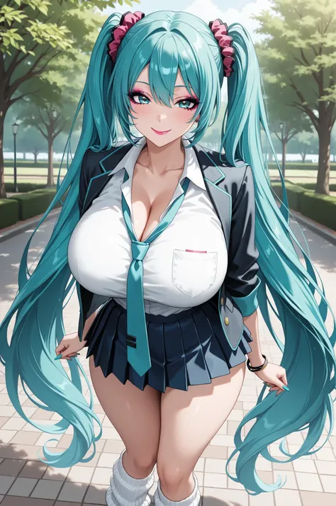 1girl, hatsune miku, huge  breasts, gyaru, makeup, mascara, lipgloss,
very long hair, twintails, hair scrunchie, 
blue school uniform, open jacket, collared shirt, pleated skirt, loose socks, loose necktie,
park, smile,