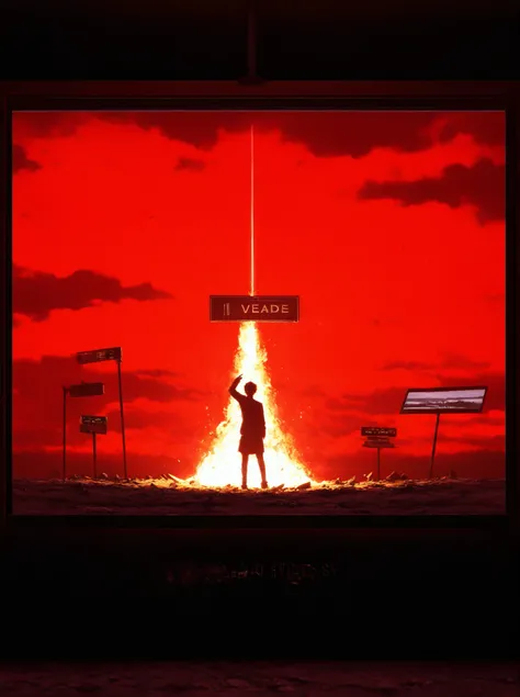 masterpiece, High Quality, ultra detailed, beautiful detailed face, anime, ultra high resolution, 8K,2d,((Inside a video game)), Command ,TV,sign,meteorite,end of the world,red sky,clouds is circles,gigantic stone embedded in fire in the sky