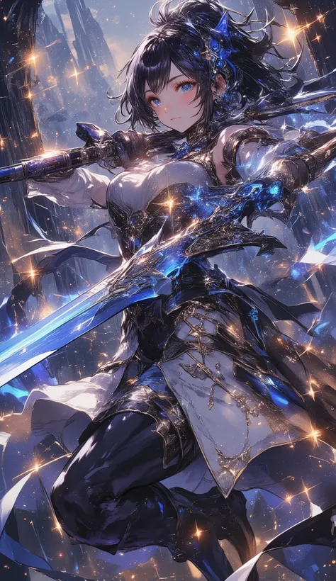 star、star、star、star空の背景、starが煌めく線画、High Quality、high image quality、流れるstar、A female adventurer wielding a super huge sword、dynamic depiction、precise depiction、starの輝度で表現、accurate body structure、Precise shining depiction、8K high resolution images 