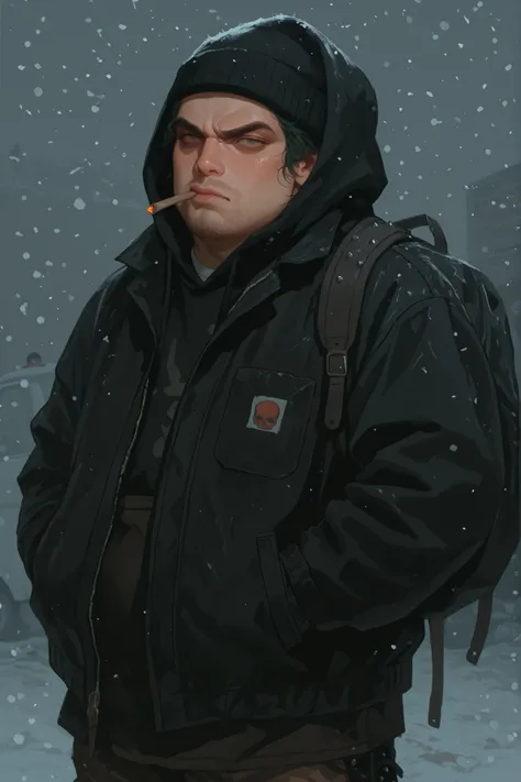 Young punk man is seated casually on the rear bed of an aged truck, exuding a rebellious and vintage vibe. The person wears a distinctive black leather jacket adorned with various patches, including a peace symbol, a skull, and the words "GBH," "DANZN," "D...