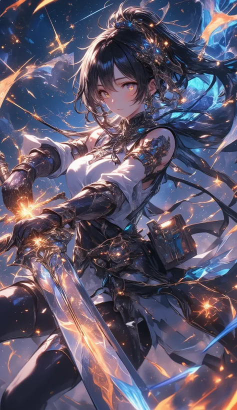 star、star、star、star空の背景、starが煌めく線画、High Quality、high image quality、流れるstar、A female adventurer wielding a super huge sword、dynamic depiction、precise depiction、starの輝度で表現、accurate body structure、Precise shining depiction、8K high resolution images 、accurate ...