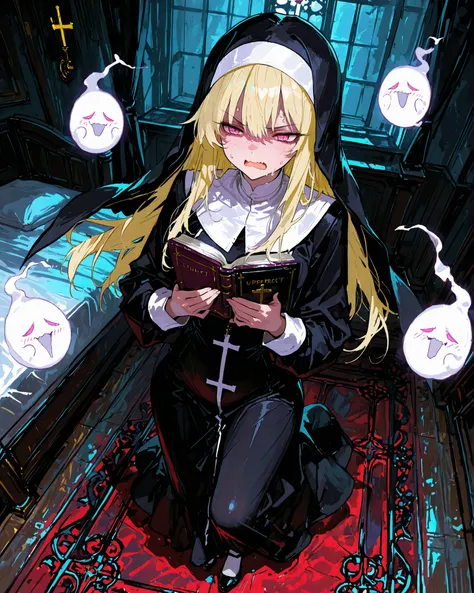 masterpiece, best quality, ultra-detailed, perfect anatomy, 
748cmstyle, 
anime style, full body, solo, 1girl, long blonde hair, pink eyes, nun, black nun clothing, holding book, opening a book, performing an exorcism, bedroom, cute ghost, white translucen...