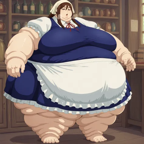  , tondemovianca, long hair, brown hair, brown eyes, head scarf, blue dress, , waist apron, red ribbon, puffy short sleeves, thick lips,breasts, fat, chubby, obese, fat neck, multiple chins, big breasts open mouth, out of breath, Larger female, full body s...